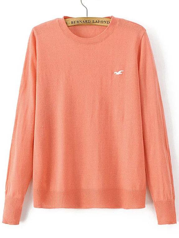 Shein Orange Seagull Embroidered Ribbed Trim Knitwear