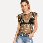 Shein Ruffle Armhole Embroidered Mesh Top Without Bralette