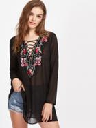 Shein Lace Up Embroidered Plunge Neck Cover Up Dress
