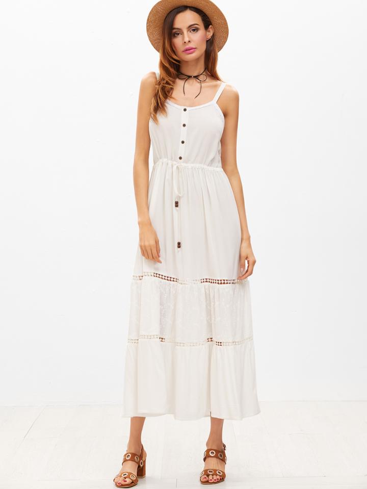 Shein Button Front Drawstring Waist Dotted Crochet Insert Cami Dress