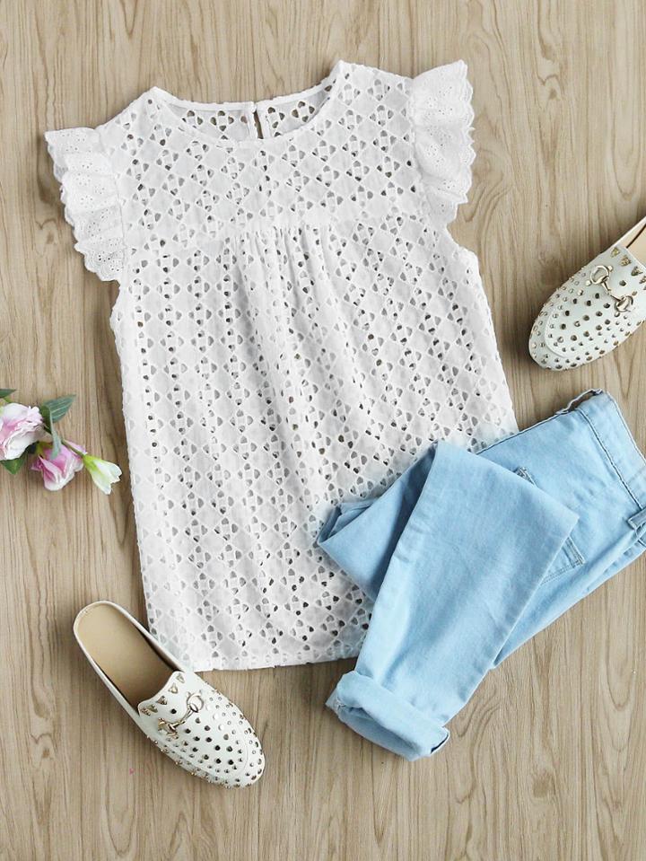 Shein Buttoned Keyhole Flutter Sleeve Eyelet Embroidered Smock Top