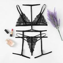 Shein Scalloped Trim Floral Lace Garter Lingerie Set With Choker