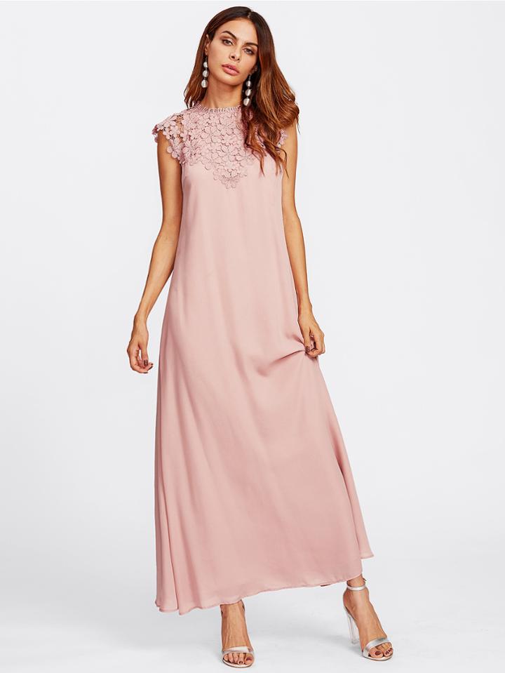 Shein Buttoned Keyhole Floral Lace Yoke Dress