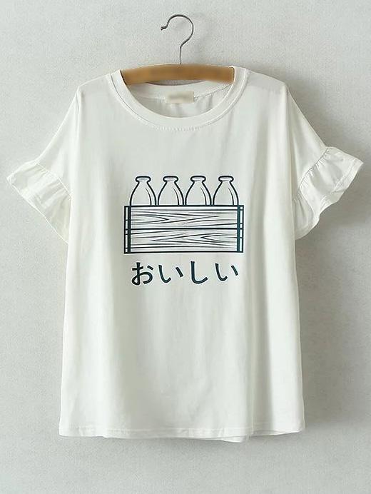 Shein White Bell Sleeve Milk Bottles Printed T-shirt
