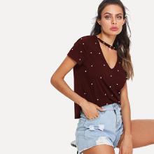Shein Pearl Beading Choker Neck T-shirt