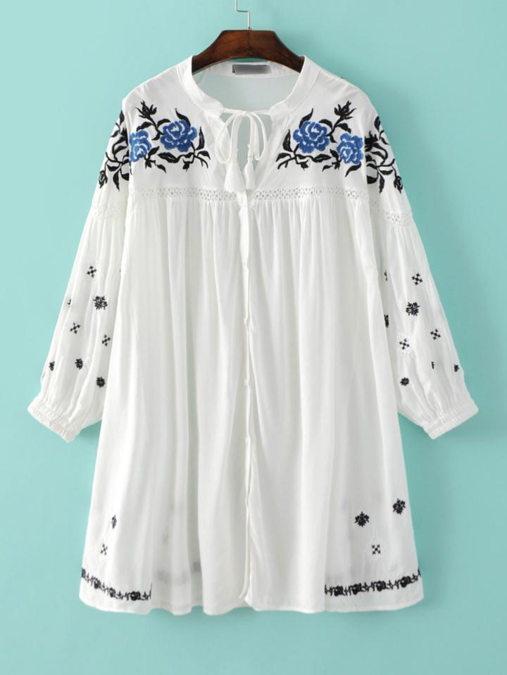Shein White Elastic Cuff Embroidery Tassel Tie Shift Dress