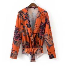 Shein Flower Print Plunge Neckline Blouse Bodysuit
