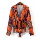 Shein Flower Print Plunge Neckline Blouse Bodysuit