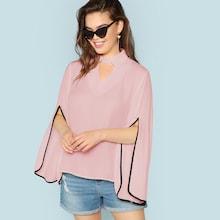 Shein Plus Choker Neck Contrast Trim Split Sleeve Top