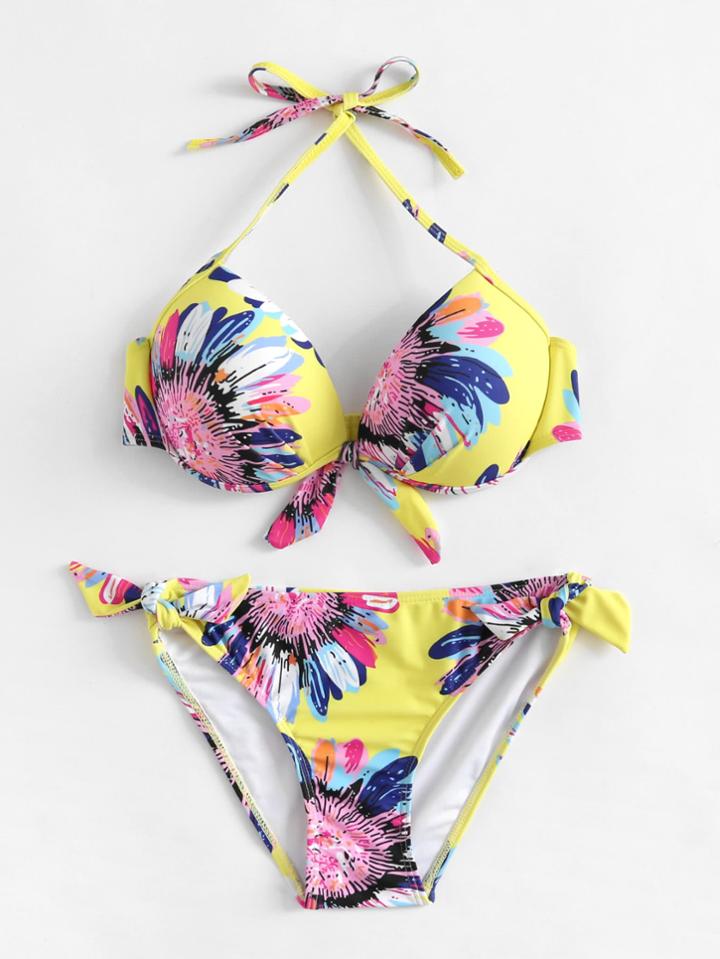 Shein Flower Print Side Tie Bustier Bikini Set