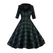 Shein 50s Contrast Faux Fur Plaid Flare Dress