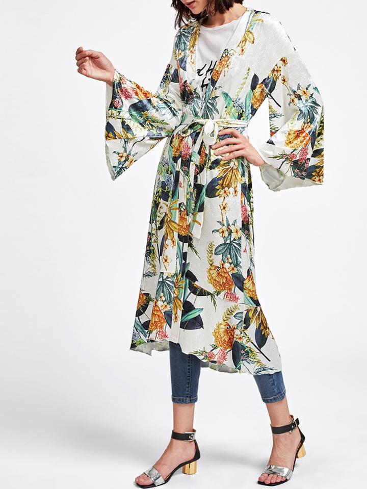 Shein Botanical Print Self Belted Velvet Coat