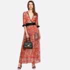 Shein Contrast Flounce Sleeve Floral Surplice Wrap Dress