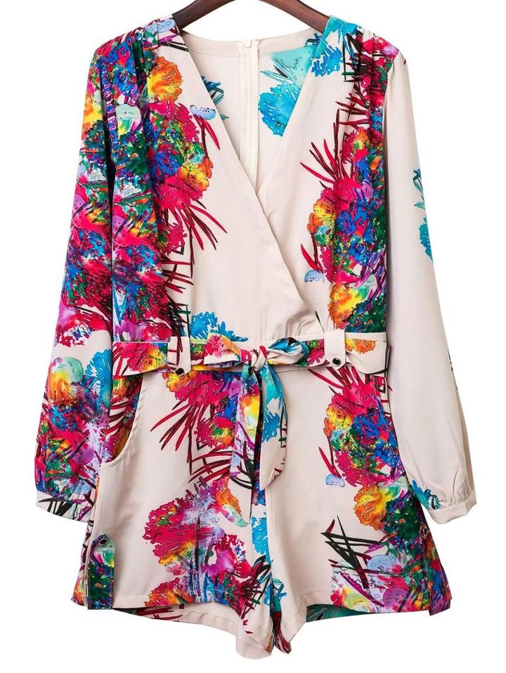 Shein Multicolor Cross V Neck Tie-waist Bow Print Romper
