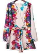 Shein Multicolor Cross V Neck Tie-waist Bow Print Romper