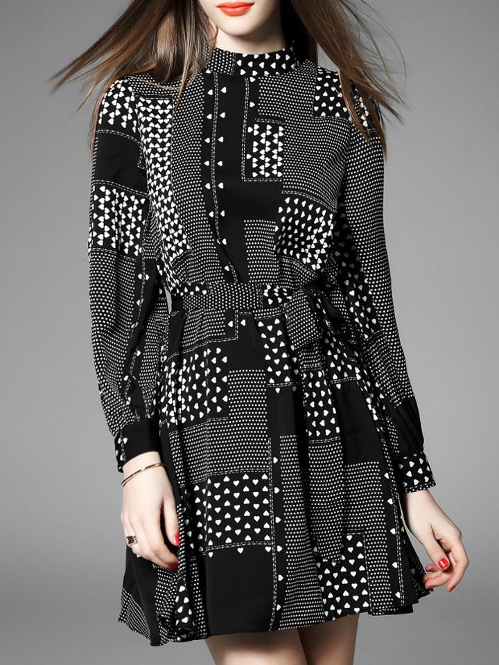 Shein Black Polka Dot Hearts Tie-waist Dress