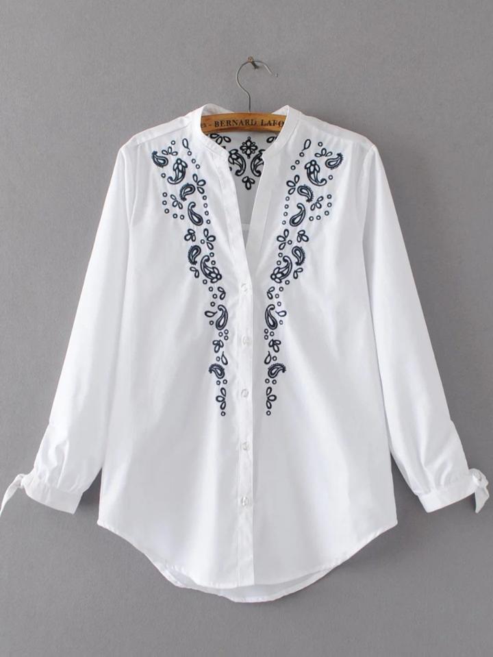 Shein Embroidery Tie Cuff Curved Hem Blouse