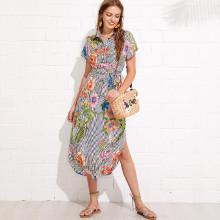 Shein Flower And Stripe Print Curved Hem Shirt Dress