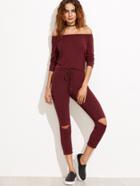 Shein Burgundy Off The Shoulder Knee Ripped Drawstring Jumpsuit