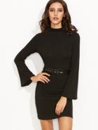 Shein Black Mock Neck Bell Sleeve Sheath Dress With Belt