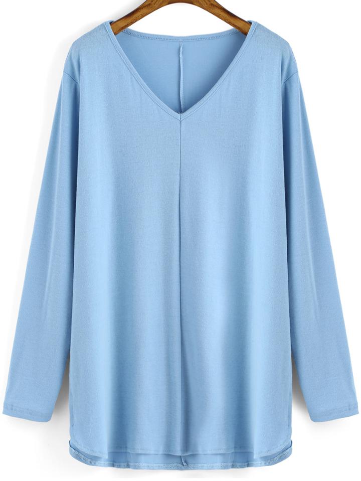 Shein Blue V Neck Long Sleeve Loose T-shirt