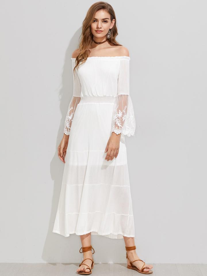 Shein Bardot Embroidered Mesh Flute Sleeve Dress