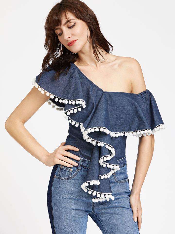 Shein Pom Pom Trim Ruffle Asymmetric Shoulder Chambray Top