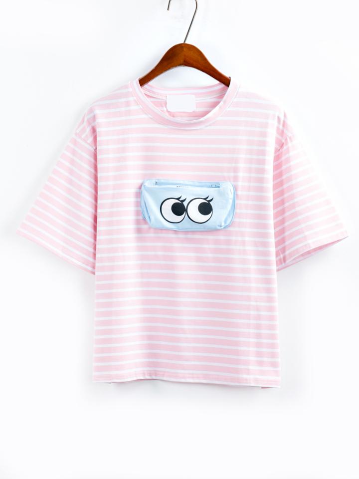 Shein Eye Print Zip Pocket Striped T-shirt - Pink