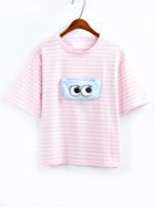 Shein Eye Print Zip Pocket Striped T-shirt - Pink