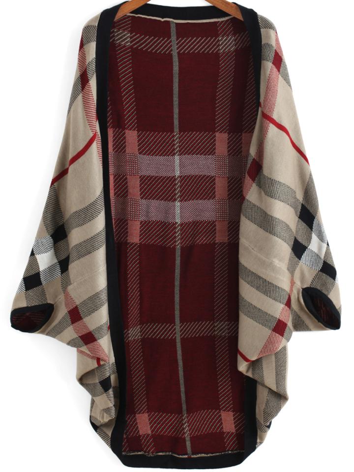 Shein Red Khaki Batwing Sleeve Plaid Cardigan