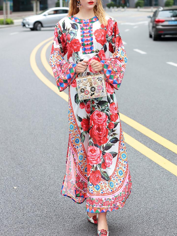Shein Multicolor Rose Print Split Maxi Dress