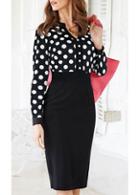 Rosewe Long Sleeve Dot Print Knee Length Dress