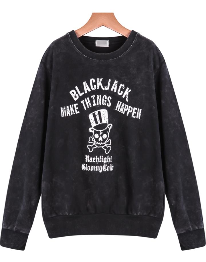 Shein Black Long Sleeve Skull Print Sweatshirt