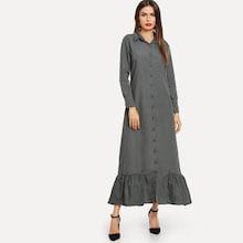 Shein Solid Button Front Ruffle Hem Dress