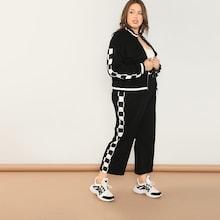 Shein Plus Checked Sideseam Zip Up Sweatshirt & Pants Set
