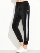 Shein Black Ribbed Trim Striped Side Velvet Pants