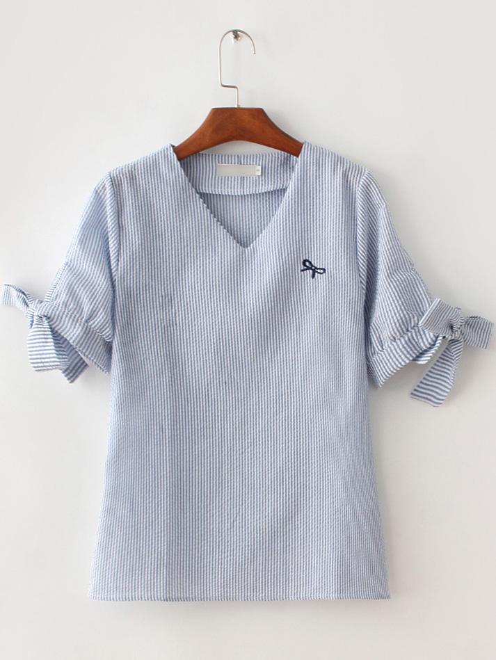 Shein Blue V Neck Stripe Bow Blouse