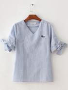 Shein Blue V Neck Stripe Bow Blouse