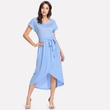 Shein Self Belt Overlap Hem Solid Dress