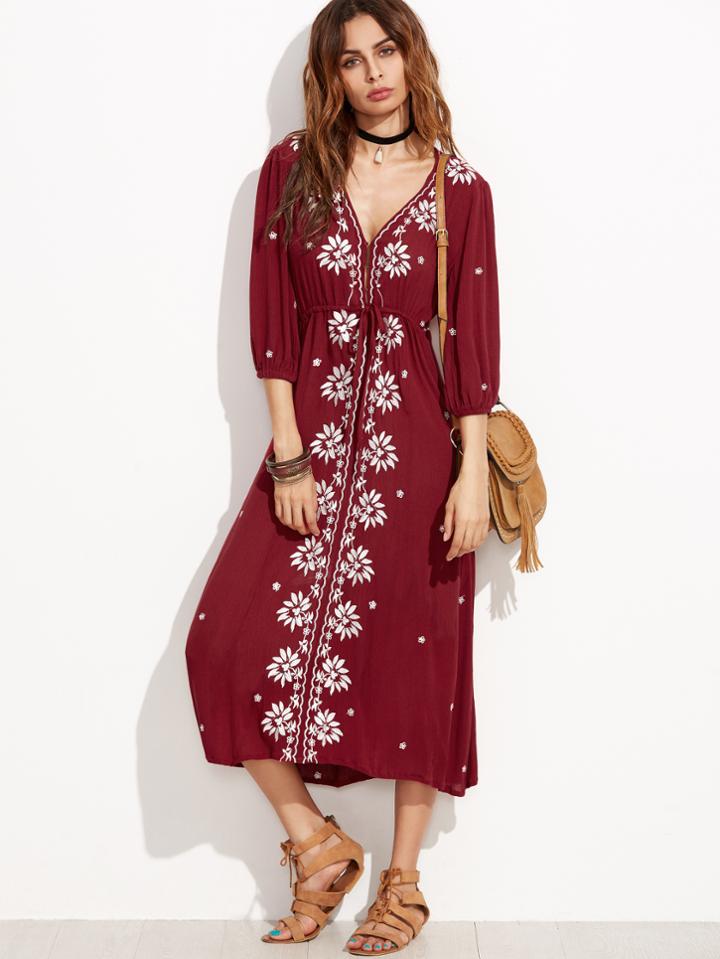 Shein Burgundy Drawstring Waist Embroidered Peasant Dress