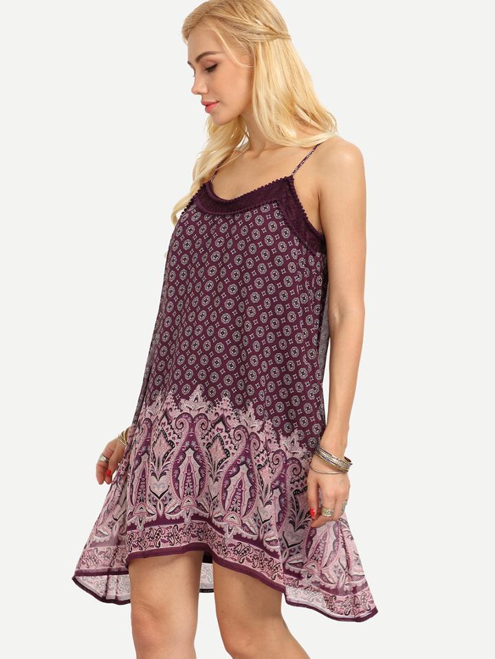 Shein Lace Trimmed Vintage Print Swing Cami Dress - Purple