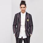 Shein Men Single Breasted Patched Detail Striped Blazer