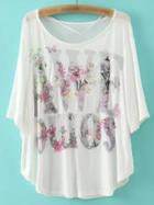 Shein White Batwing Sleeve Letters Print T-shirt