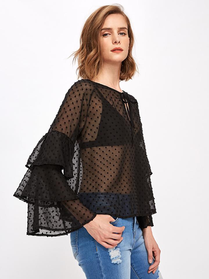 Shein Tiered Flute Sleeve Keyhole Front Dobby Mesh Blouse
