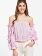 Shein Pink Off The Shoulder Tie Sleeve Ruffle Top