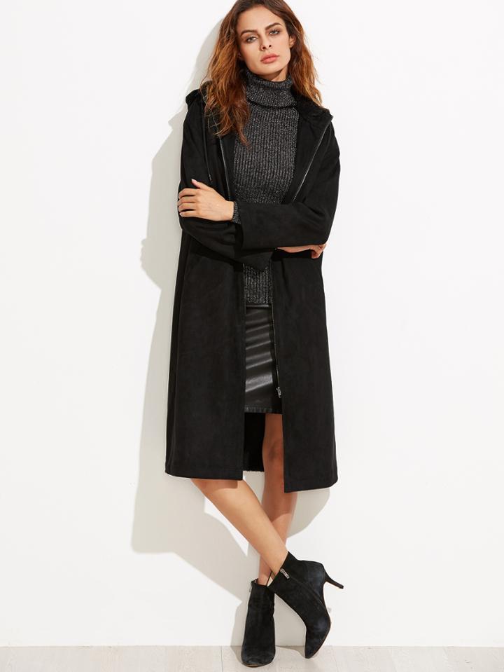 Shein Black Suede Zip Up Hooded Coat