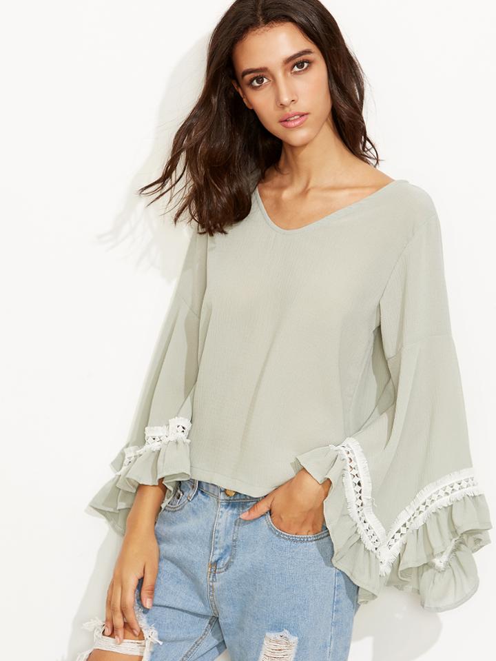 Shein Pale Green Ruffle Bell Sleeve Contrast Crochet Fringe Top