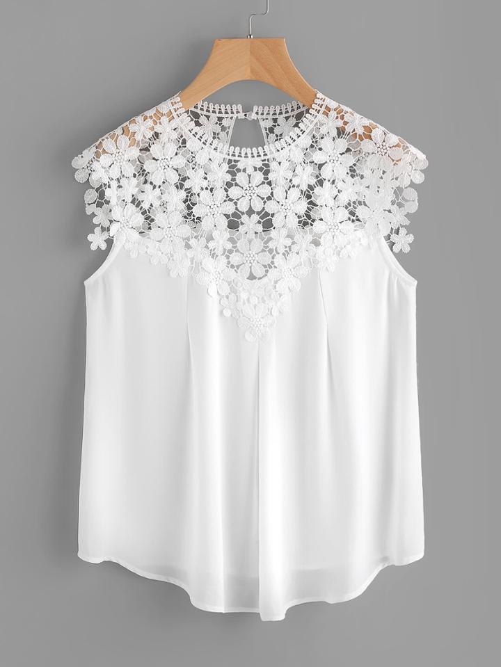 Shein Keyhole Back Daisy Lace Shoulder Shell Top