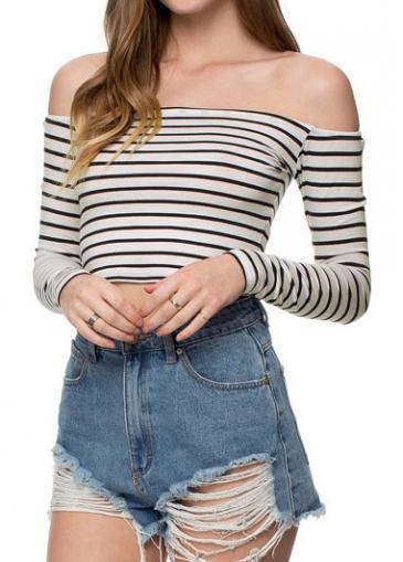 Rosewe Striped Off The Shoulder Long Sleeve Crop Top