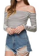 Rosewe Striped Off The Shoulder Long Sleeve Crop Top